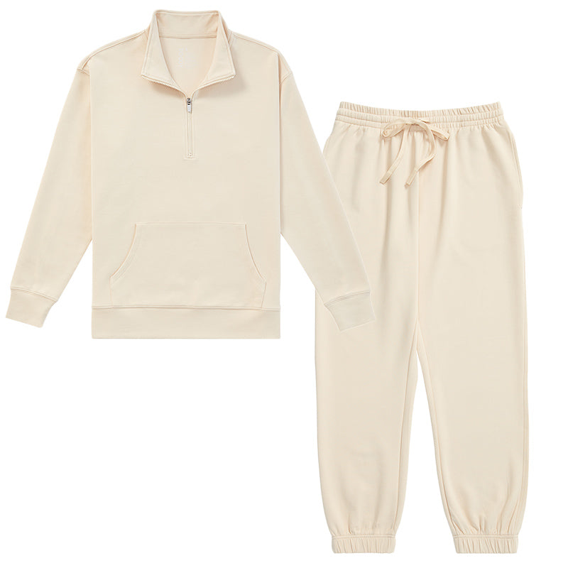 ユニセックス クウォータージップセーター＆カフスウェットパンツセット